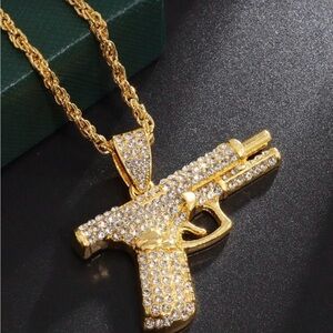 Gold-Tone Pistol Gun Pendant Necklace - Blinged Out Jewelry!